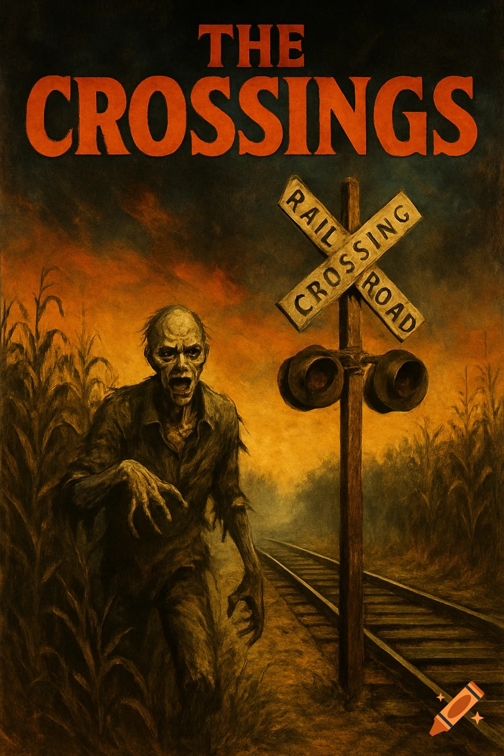 Horror cover art featuring a zombie by railroad tracks and cornfields under a dark sky. Text: THE CROSSINGS.