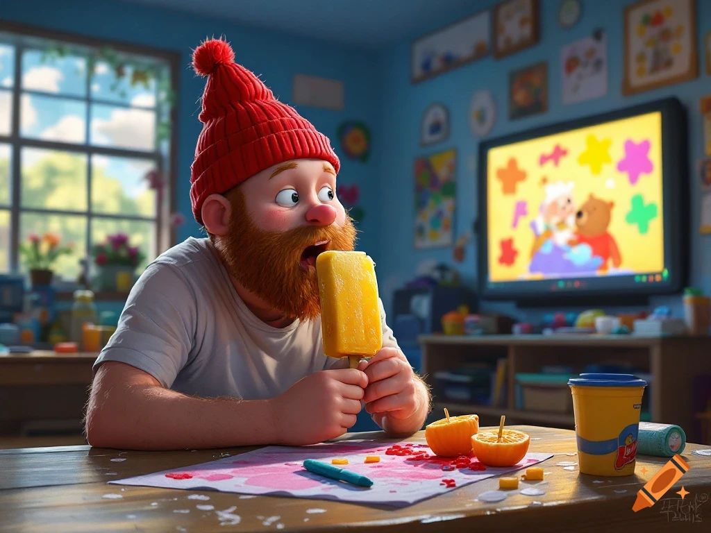 A cartoon man with a red hat and beard eats a popsicle while watching TV in a kindergarten classroom.