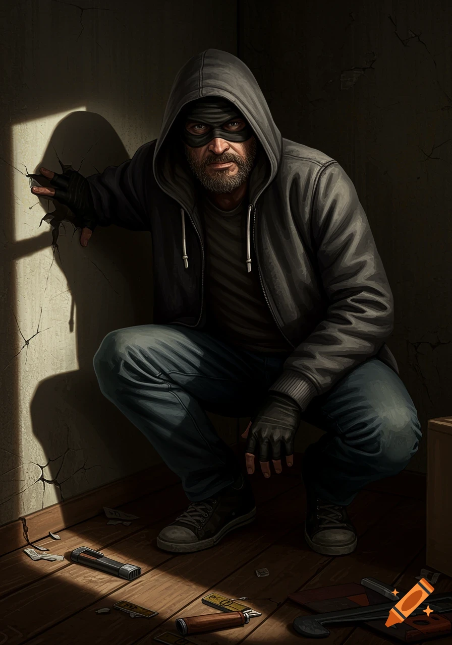 A masked man in a hoodie crouches in a dark room littered with items.