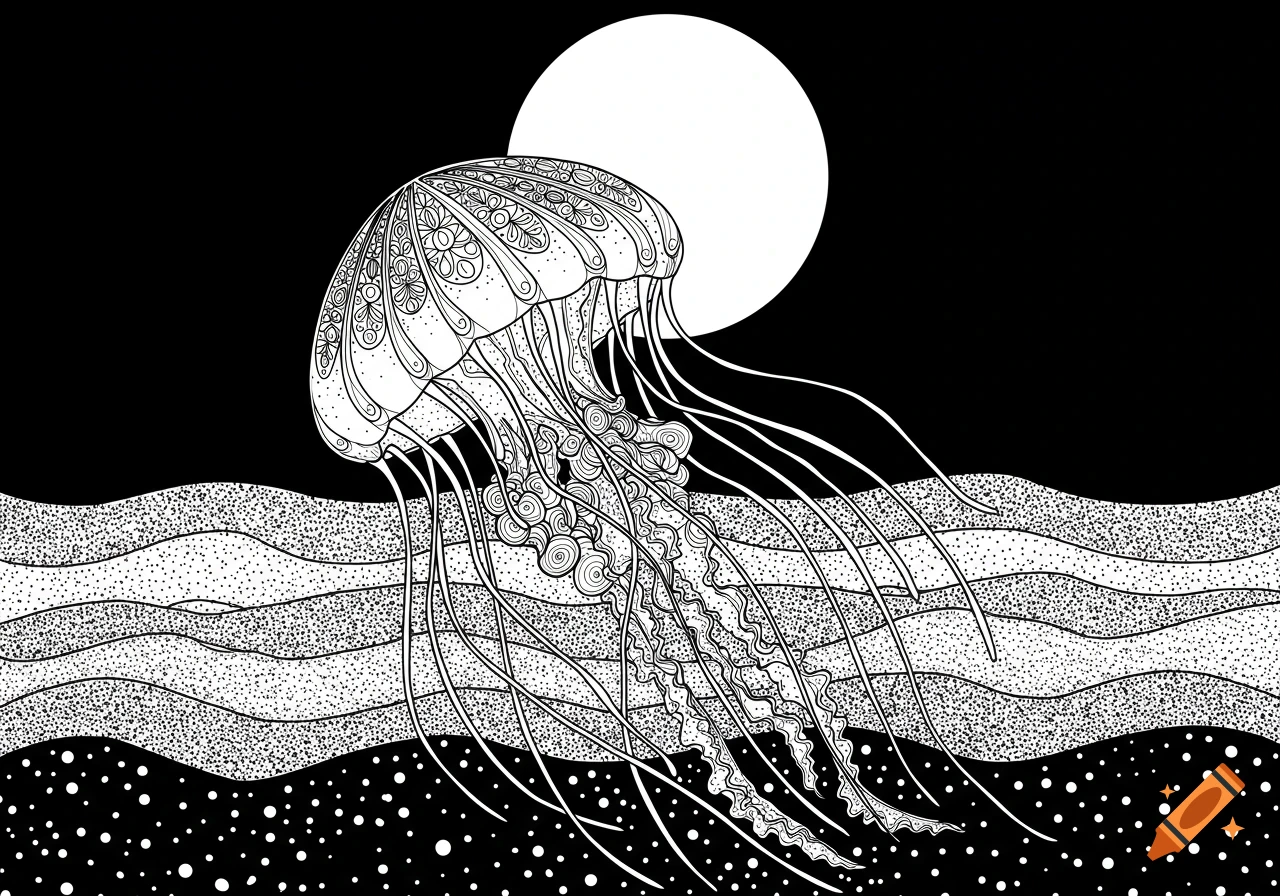 Black and white zentangle style illustration of a jellyfish floating above ocean waves under a full moon.