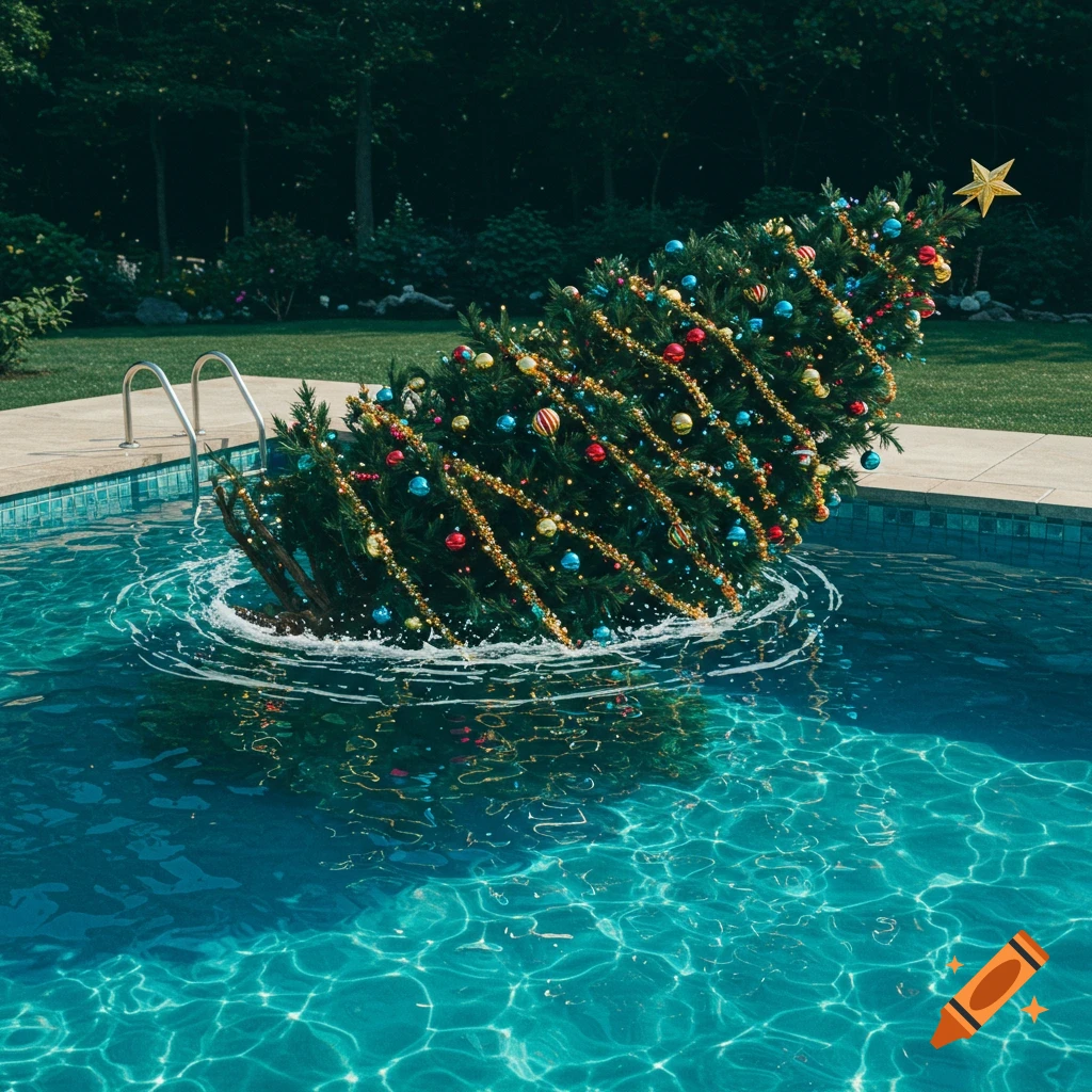 A decorated Christmas tree is partially submerged in a swimming pool.