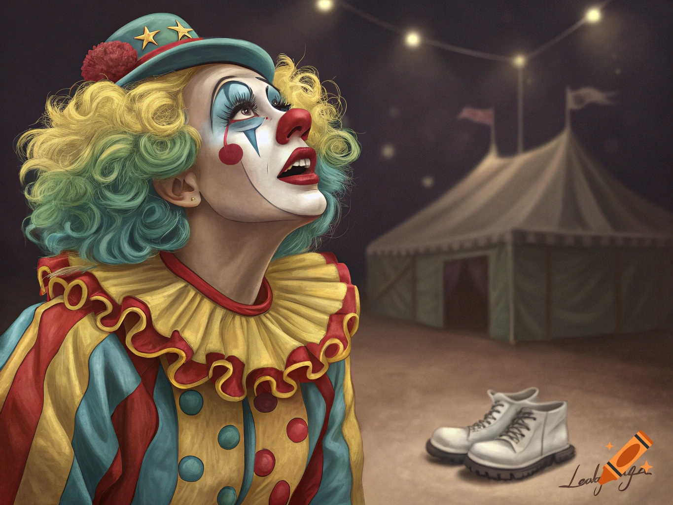 Close up of a detailed clown looking up at circus lights, with a tent and shoes in the background.