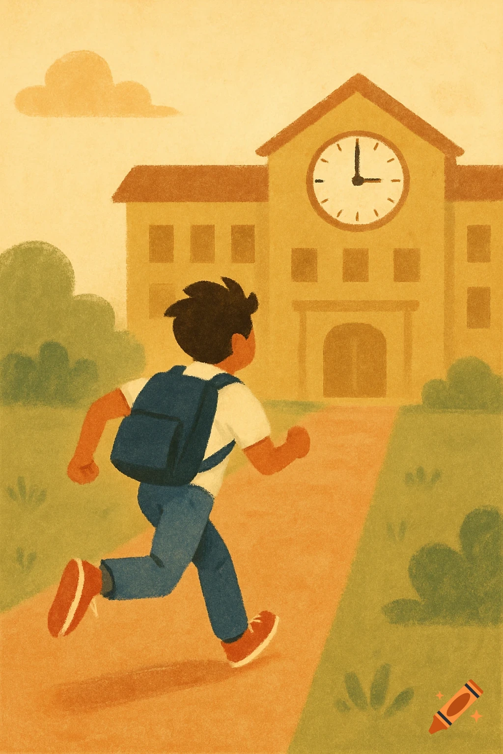 A student runs toward a school with a large clock. Illustration.