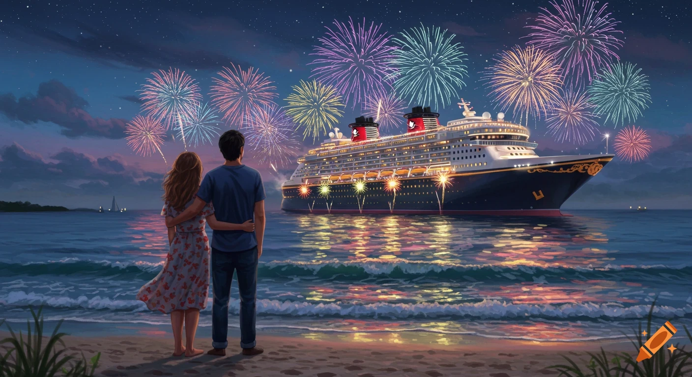Couple on a beach watching a cruise ship and fireworks at night.