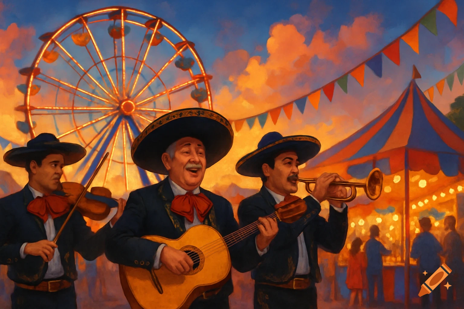 A mariachi band plays at a fair with a ferris wheel and tent in the background at sunset, painted in a vibrant, textured style.