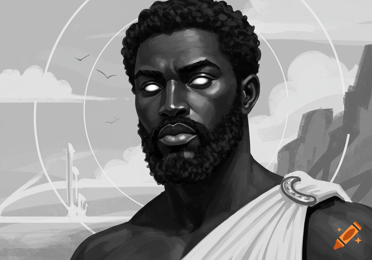 Black and white illustration of a bearded man with white eyes, wearing a toga, against a landscape.