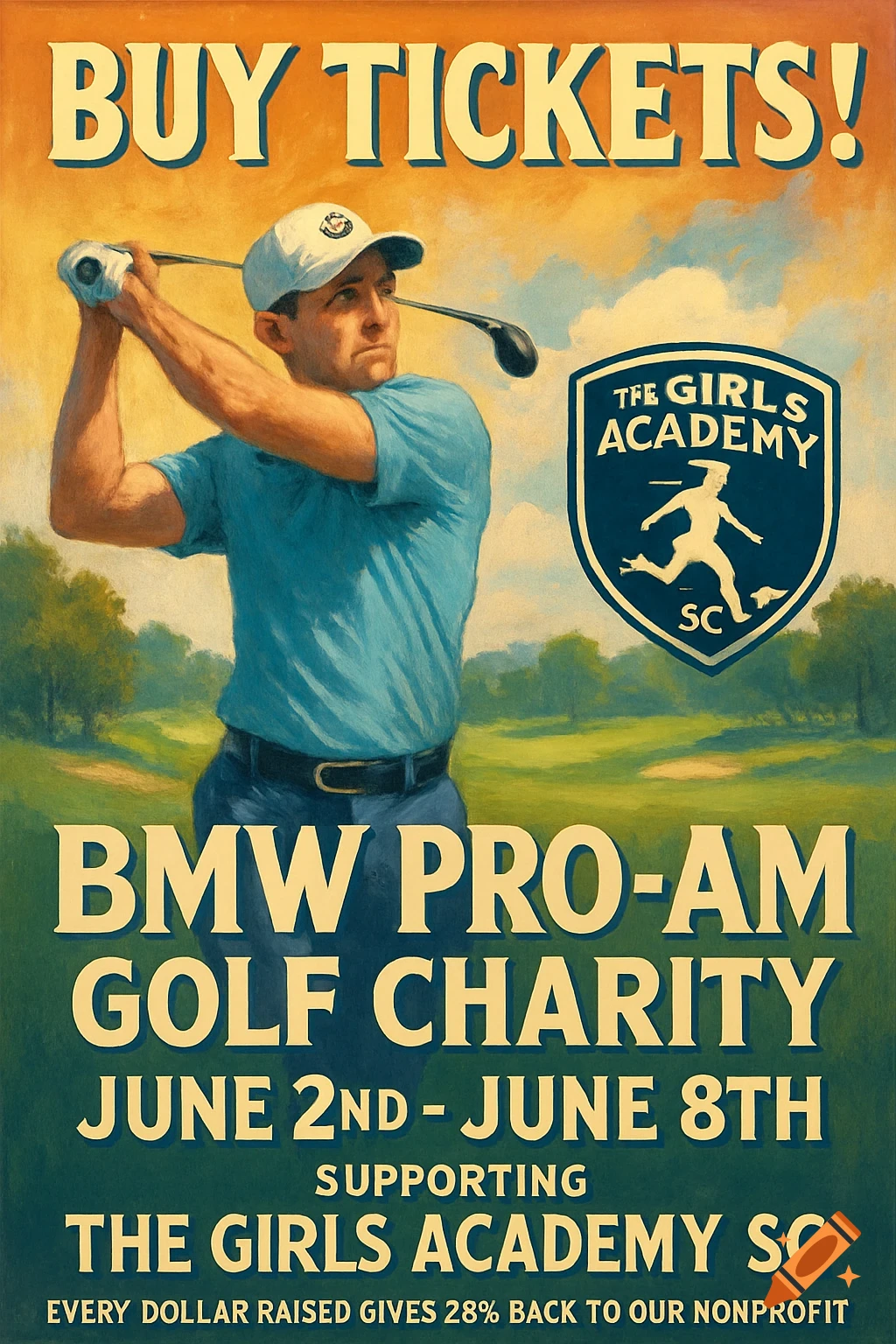 A poster in a painted style shows a golfer swinging on a course with text for a BMW Pro-Am Golf Charity event.