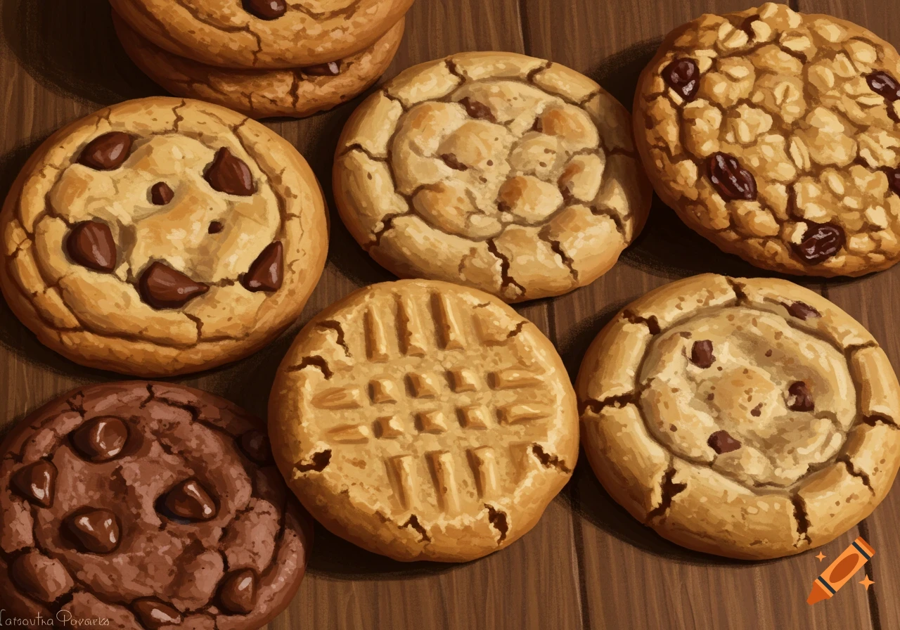 Realistic illustration of chocolate chip, peanut butter, and other cookies on a wooden surface.