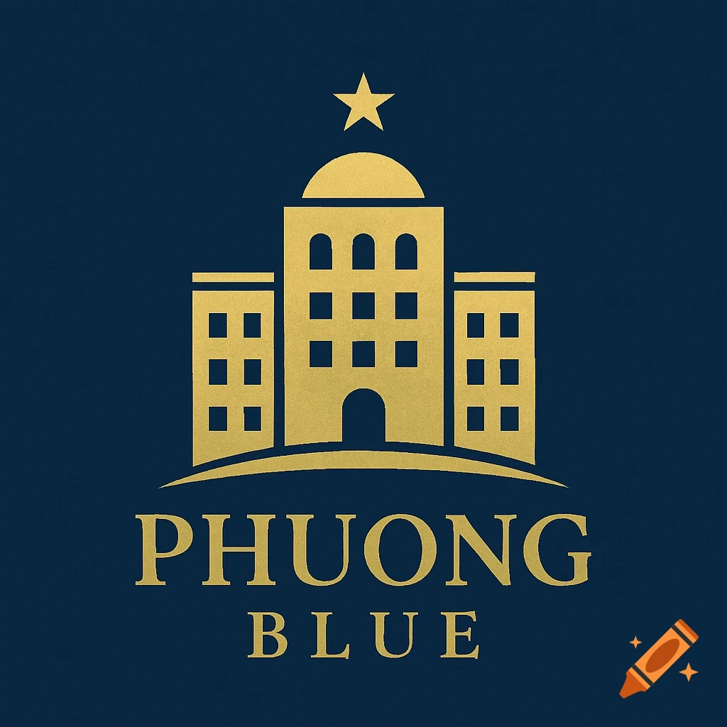 Gold logo of a building with a star on a dark blue background, text 'PHUONG BLUE'.