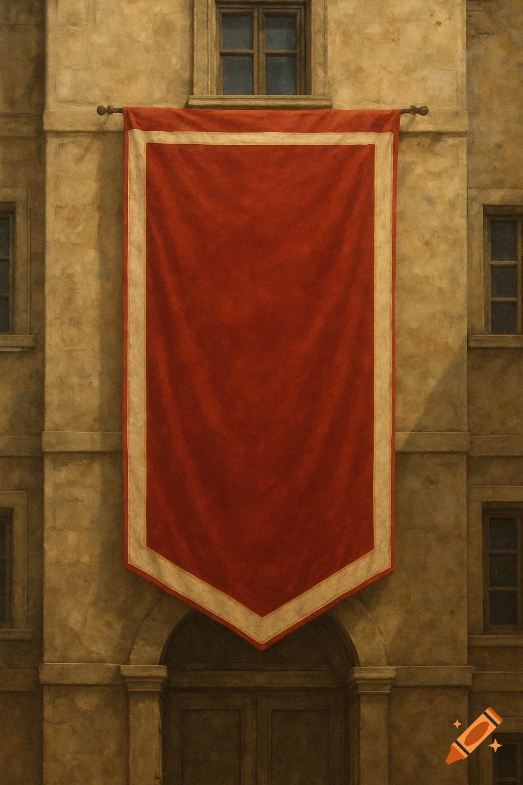 A large red banner with a white border hangs on a textured building facade.