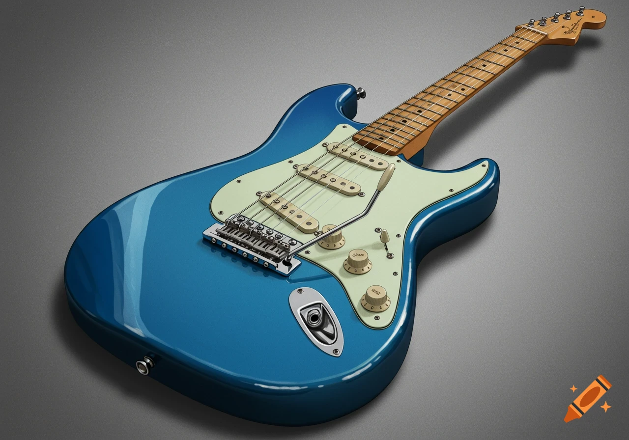 A blue Fender Stratocaster electric guitar on a gray background.