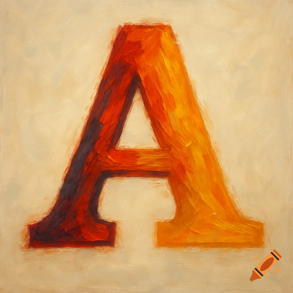 Painting of the letter A with red and yellow brushstrokes.