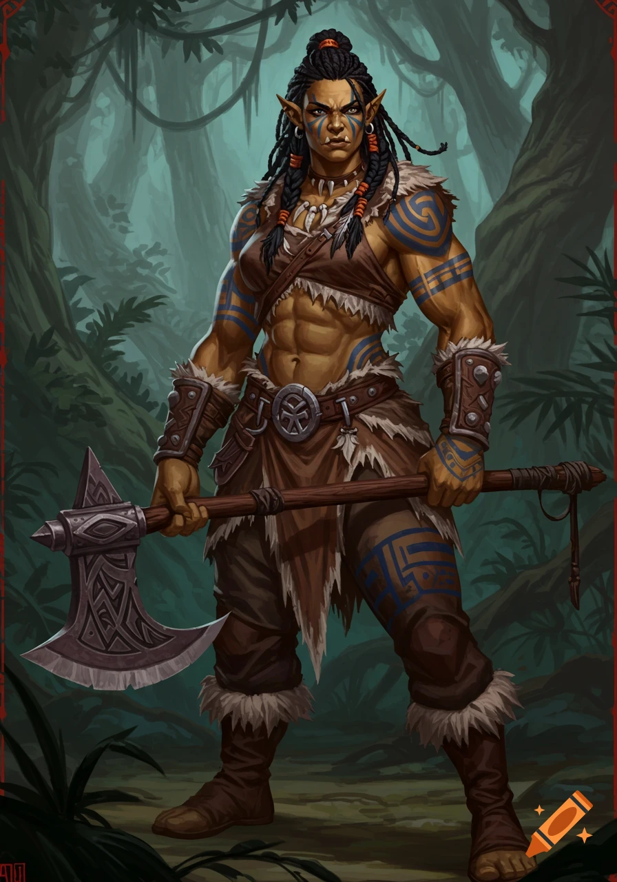 A muscular female half-orc barbarian with tribal markings holds a large axe in a forest.