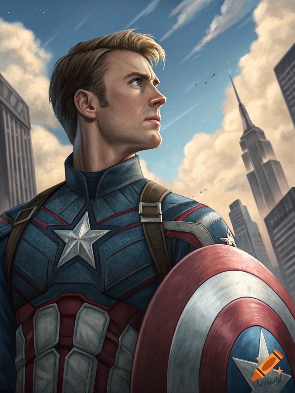 Digital painting of Captain America looking up, standing in a city with the Empire State Building in the background.