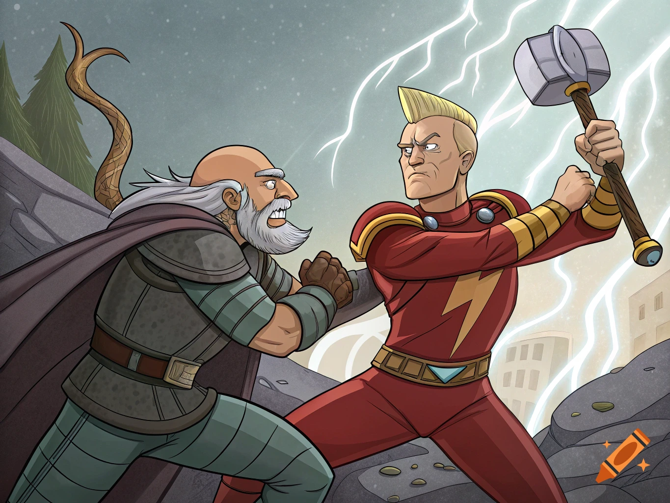 Cartoon characters fight as lightning strikes behind them. One has a hammer, the other holds his bare hands.