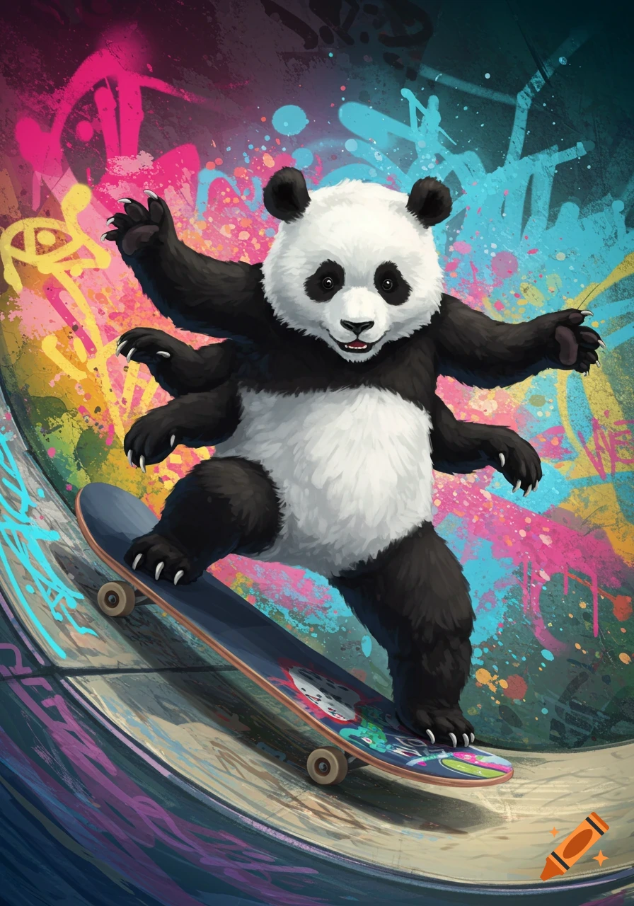 Panda with four arms skateboarding in a colorful graffiti skate park.
