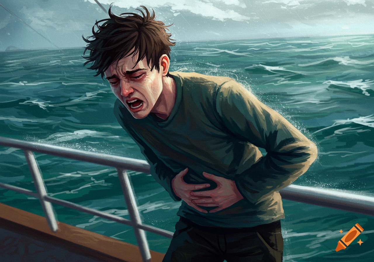 A person feeling seasick on a boat at sea, digital painting.