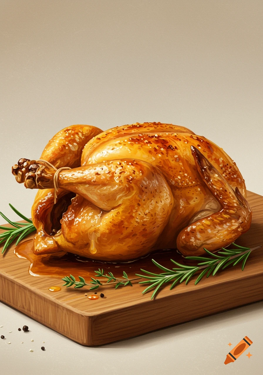 Roasted chicken on a cutting board with herbs, painted style