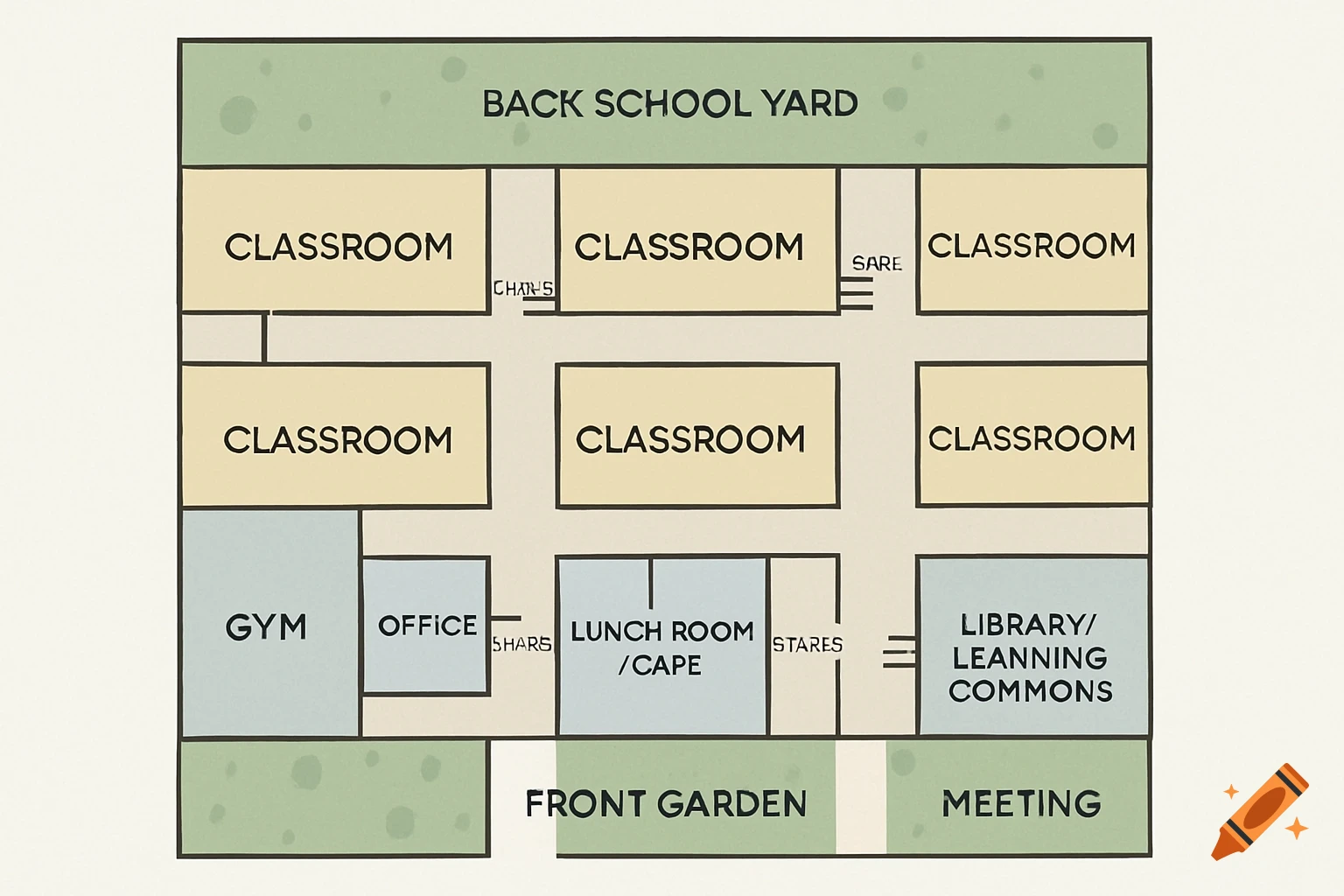 Top-down view floor plan layout of a school building