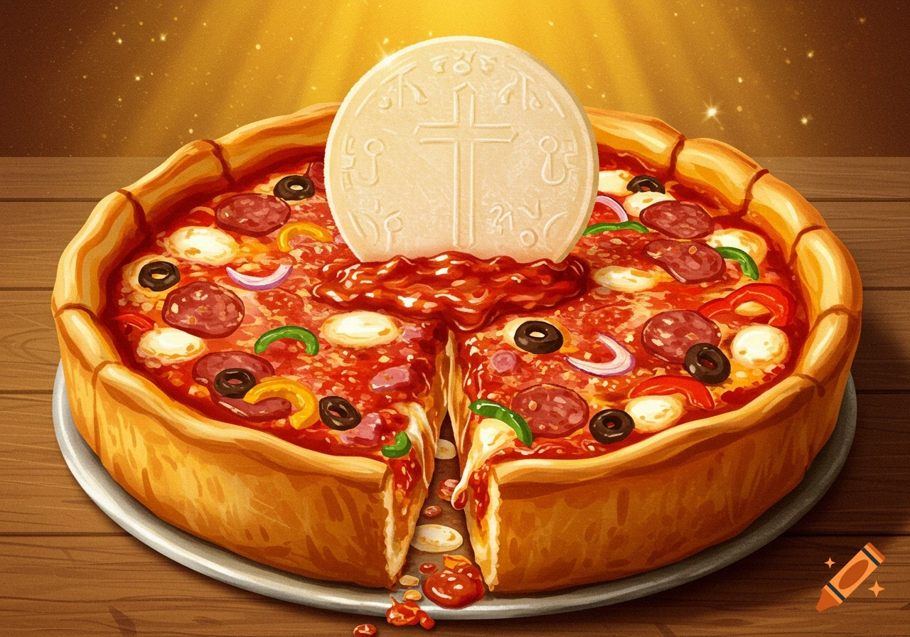 A deep dish pizza with various toppings and a large communion wafer with a cross standing upright in a missing slice. The wafer has decorative embossing.