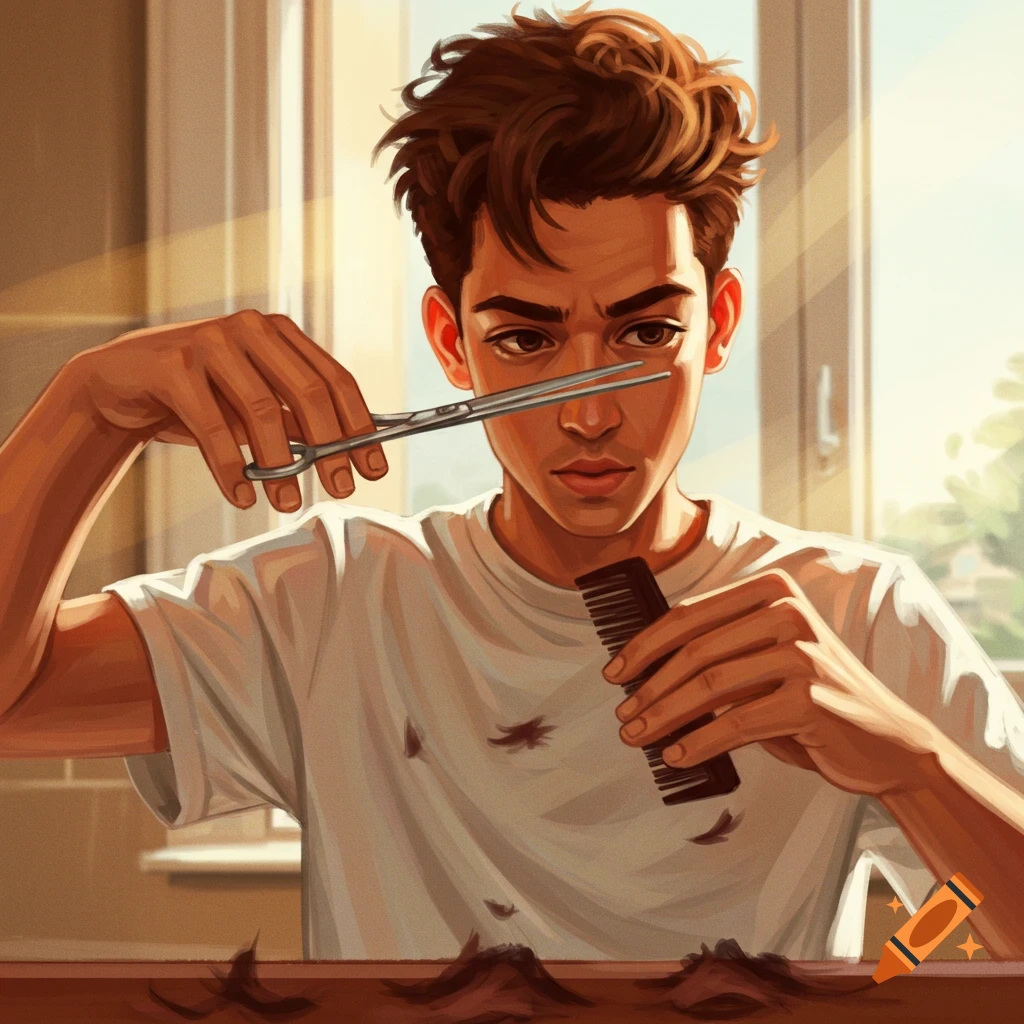 An illustration of a young man with scissors cutting his hair.