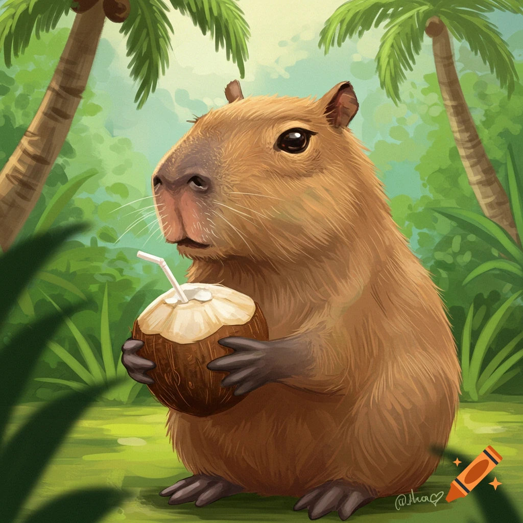 Illustration of a capybara holding a coconut drink in a tropical jungle.