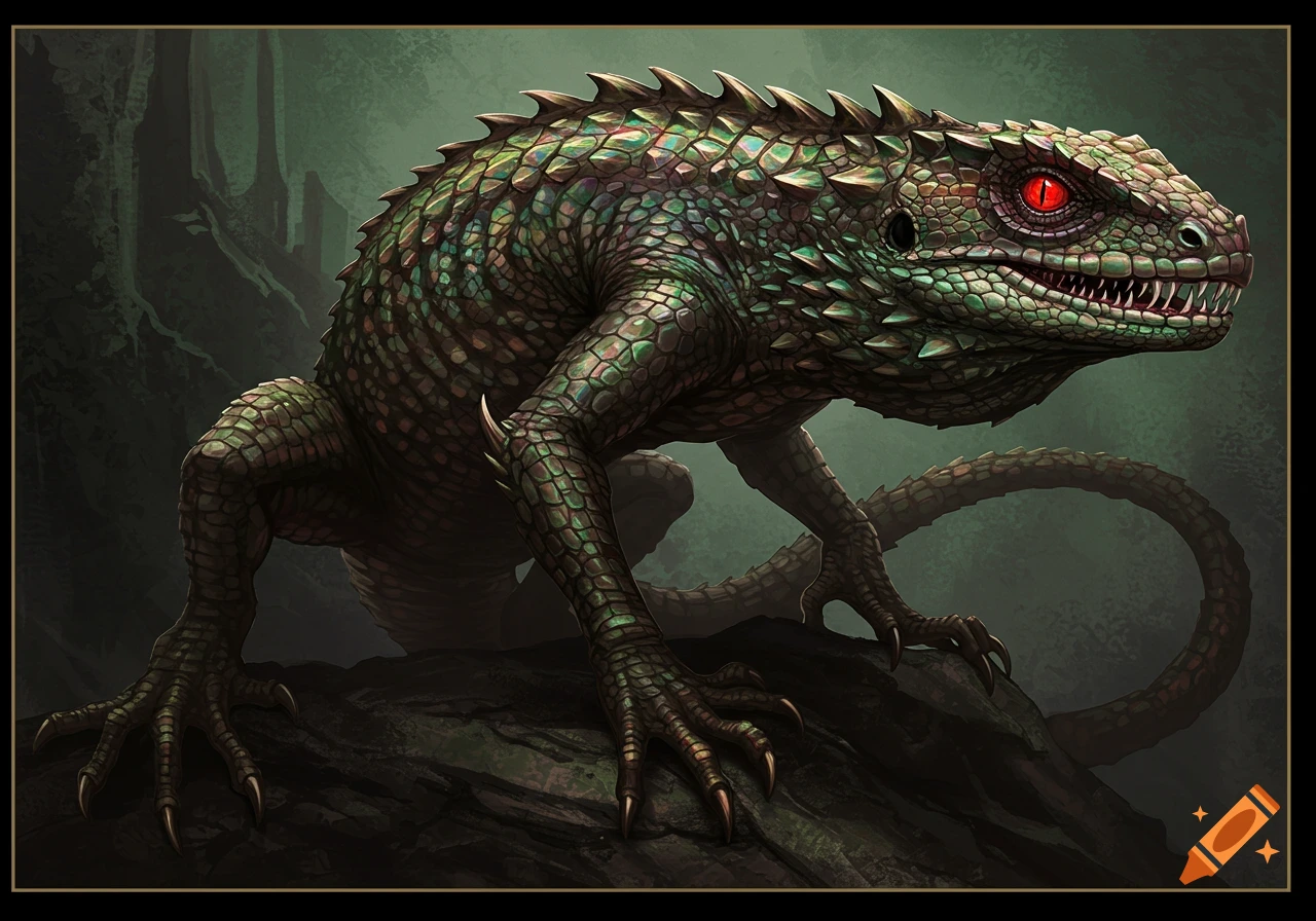 Close-up of a green, scaly creature with red eyes and spikes in a dark fantasy setting.