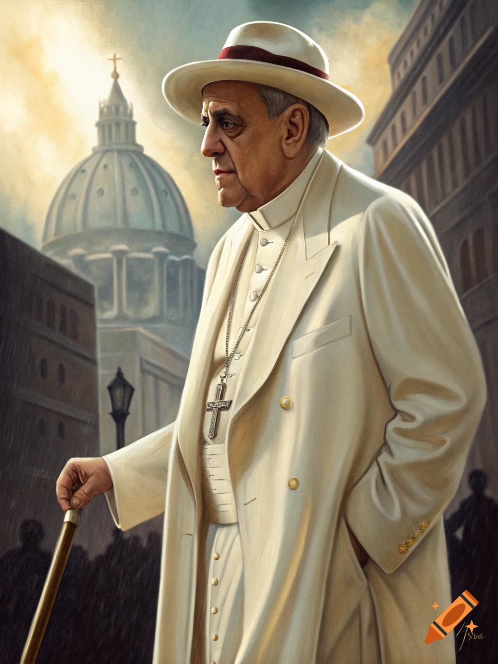 Painting of a figure dressed as a Pope in a fedora, holding a cane on an urban street
