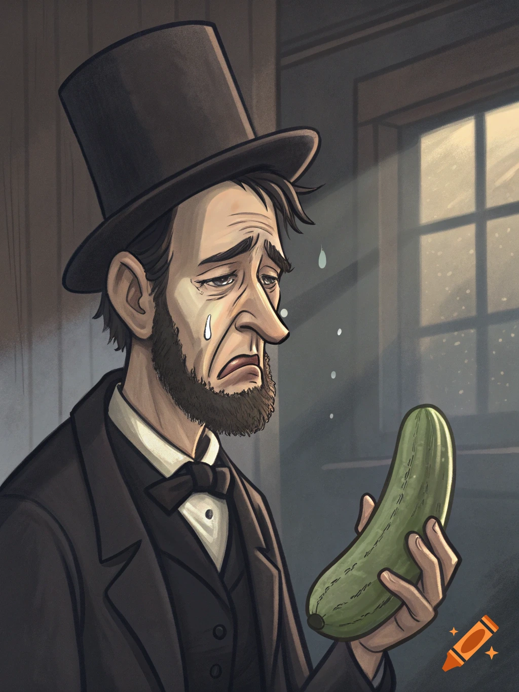 Cartoon Abraham Lincoln crying while holding a pickle