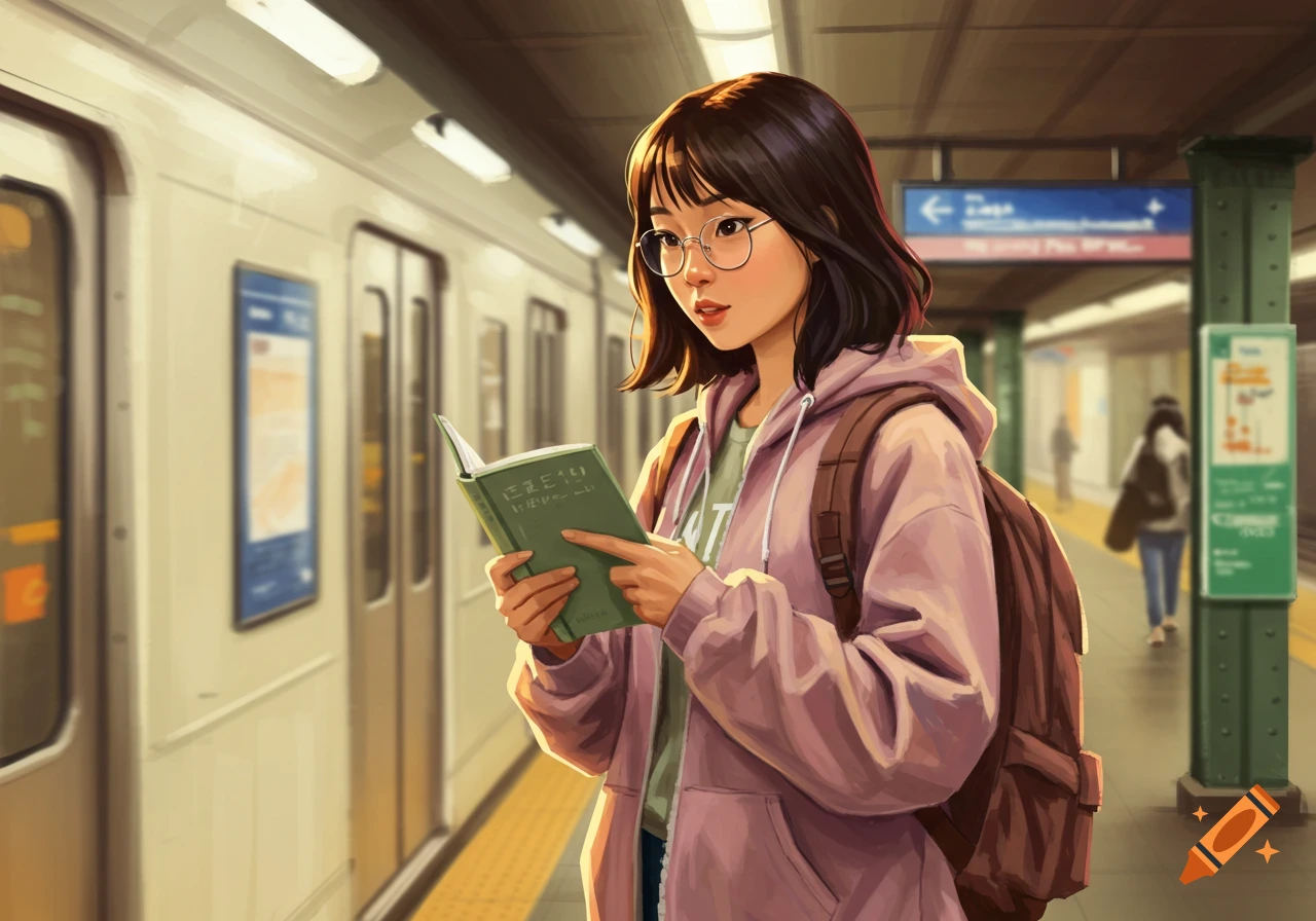 Illustration of a student with glasses and backpack reading a book on a subway platform.
