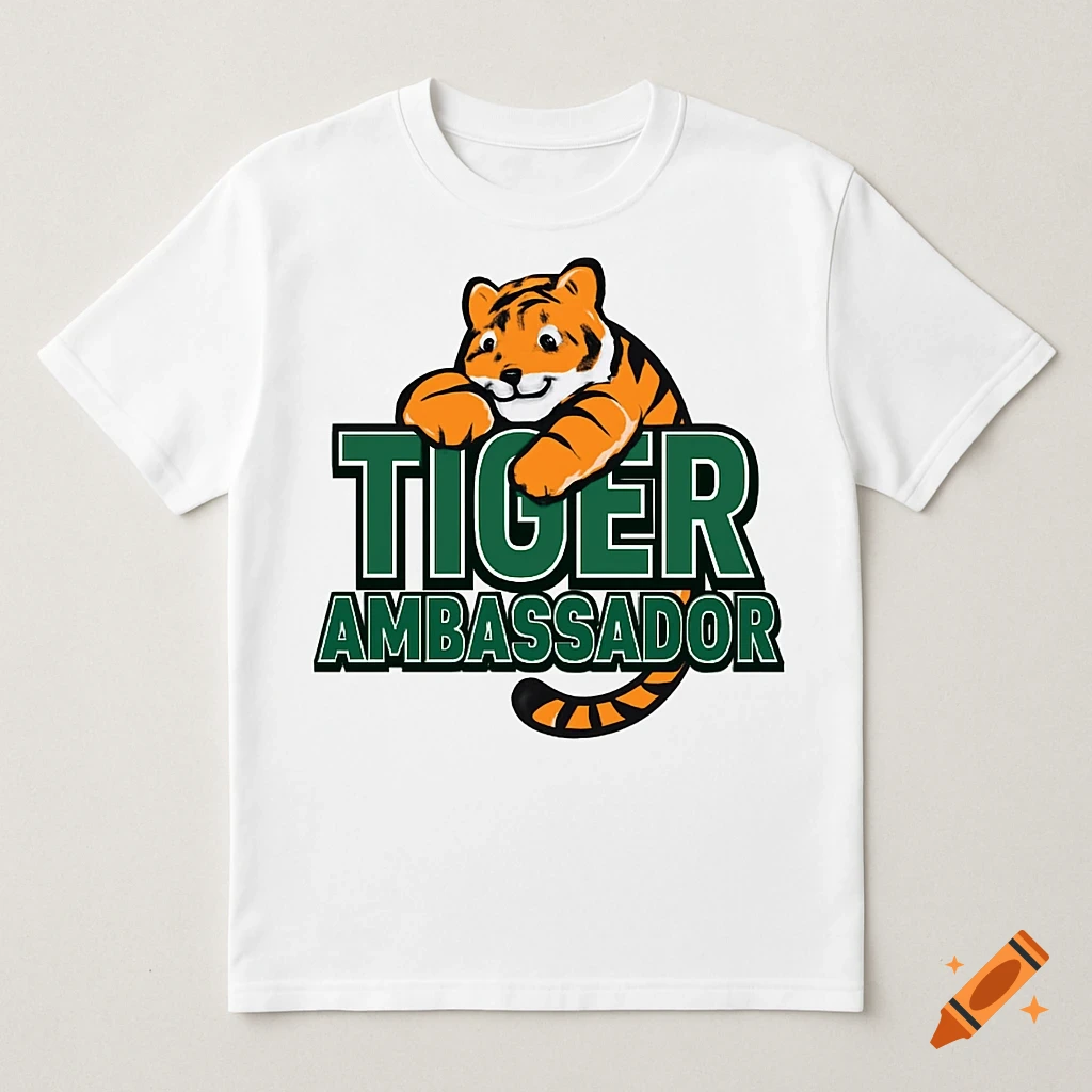A white t-shirt with a cartoon tiger hugging the words "Tiger Ambassador" in green letters.