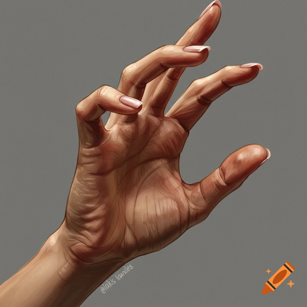 A detailed painting of a hand with fingers slightly curled.