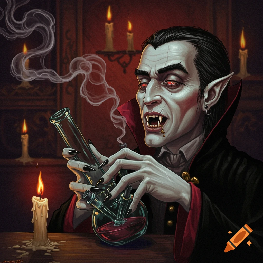 Vampire with red eyes using a bong in a candlelit room.