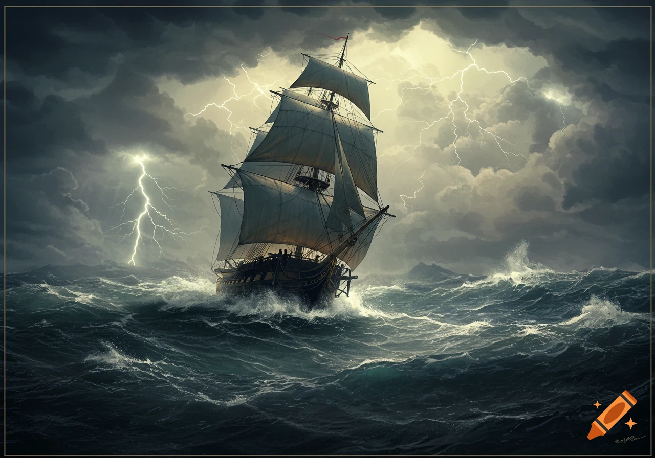 A tall ship sails through a stormy sea under lightning-filled clouds.