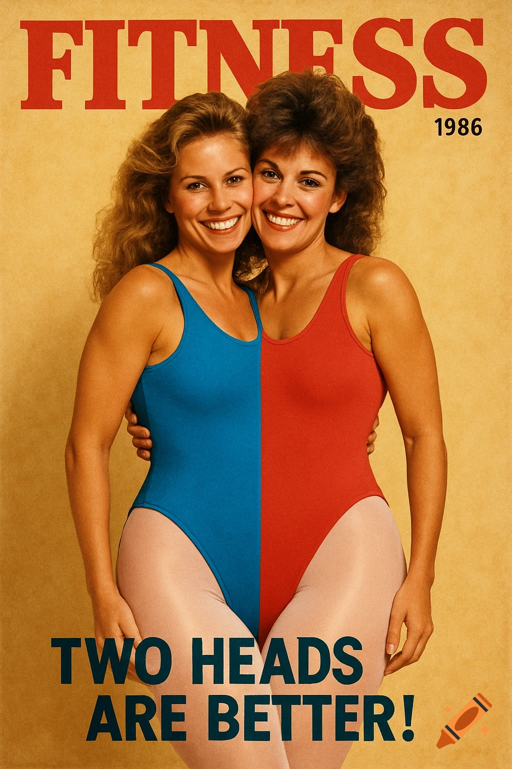 A vintage 1986 fitness magazine cover features two women merged into one body in a red and blue leotard, with the text "FITNESS" and "TWO HEADS ARE BETTER!".