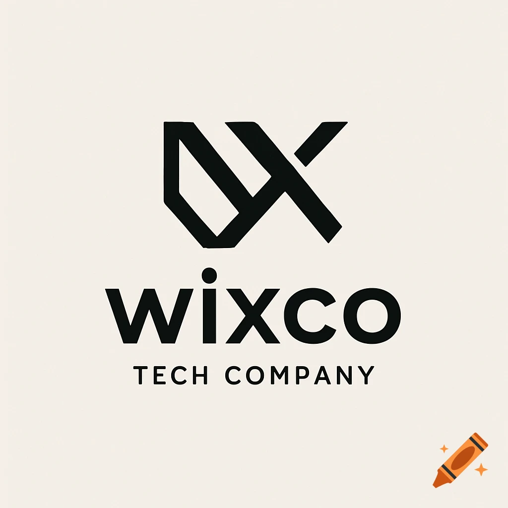 Minimalist black tech company logo with letter shapes and text wixco TECH COMPANY on a light background.