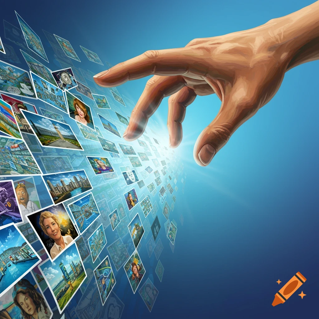 A hand reaches towards a stream of small images flowing into the distance on a blue background.