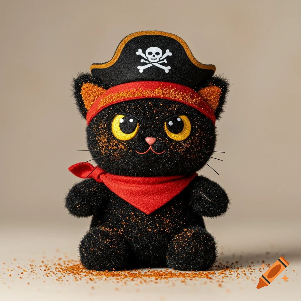 A black cat plush toy dressed as a pirate with a hat featuring a skull and crossbones symbol.