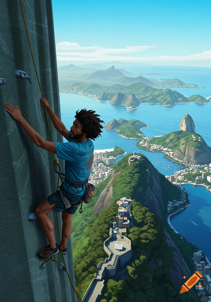 An illustration of a man climbing a large statue overlooking the city of Rio de Janeiro.