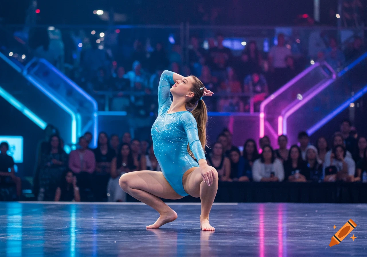 Female gymnast in a blue leotard squats during a performance on a floor, with an audience in the background.