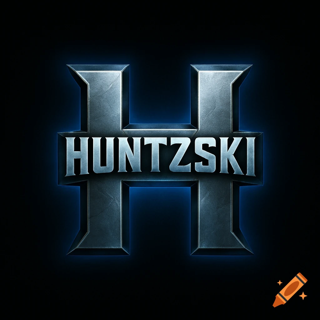 Metallic letter H gaming logo with 'Huntzski' and blue glow on black background.