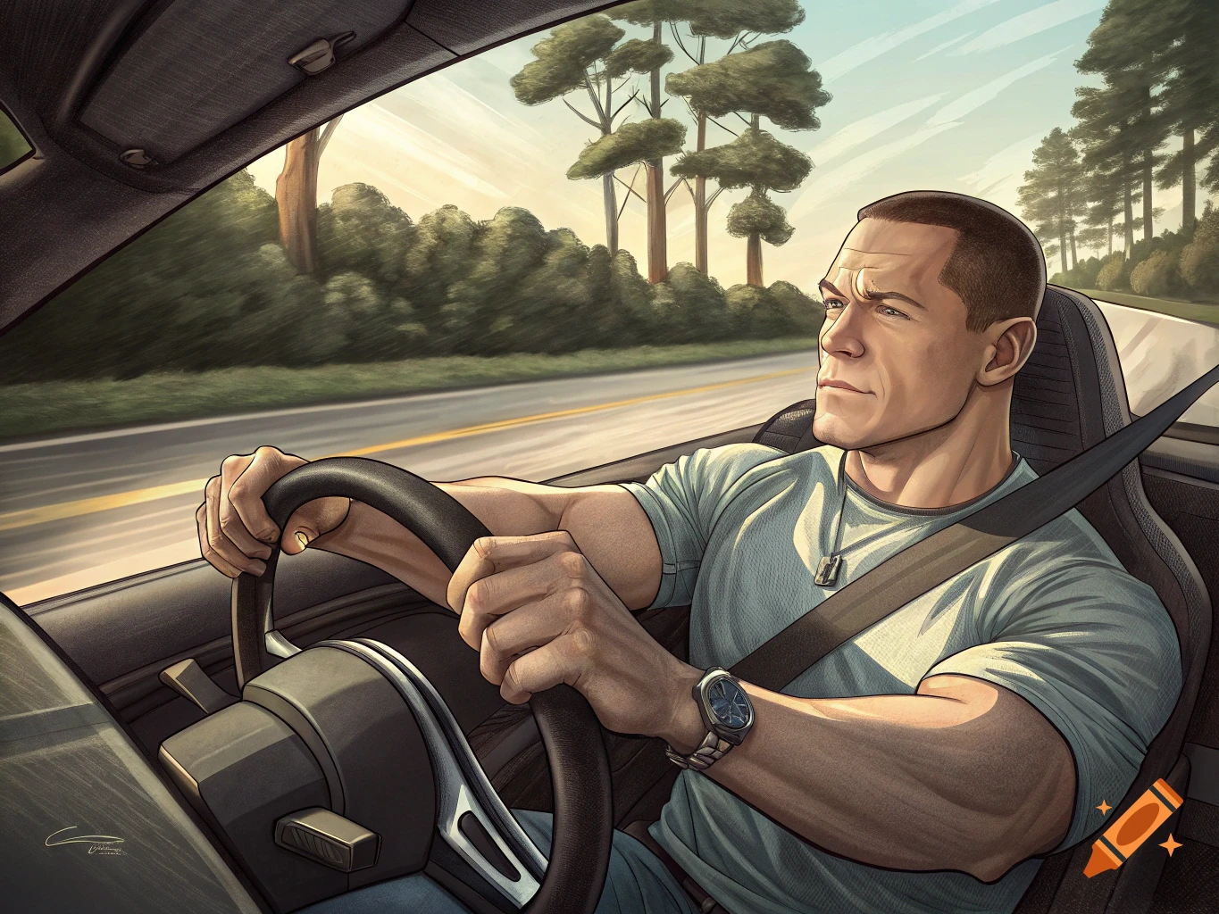 Digital illustration of John Cena driving a car on a road with trees.