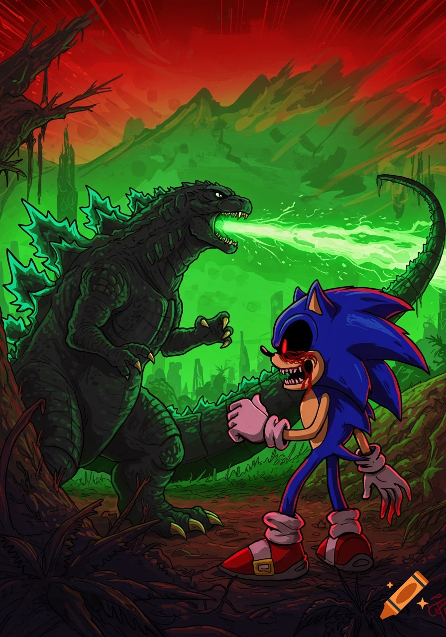 Godzilla breathes green energy at Sonic.EXE in a jungle