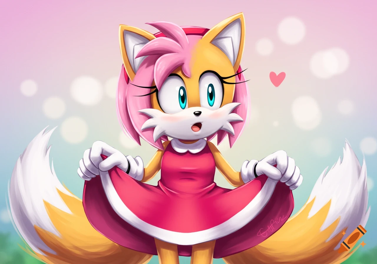 Cartoon fox character in a pink dress lifting the skirt slightly