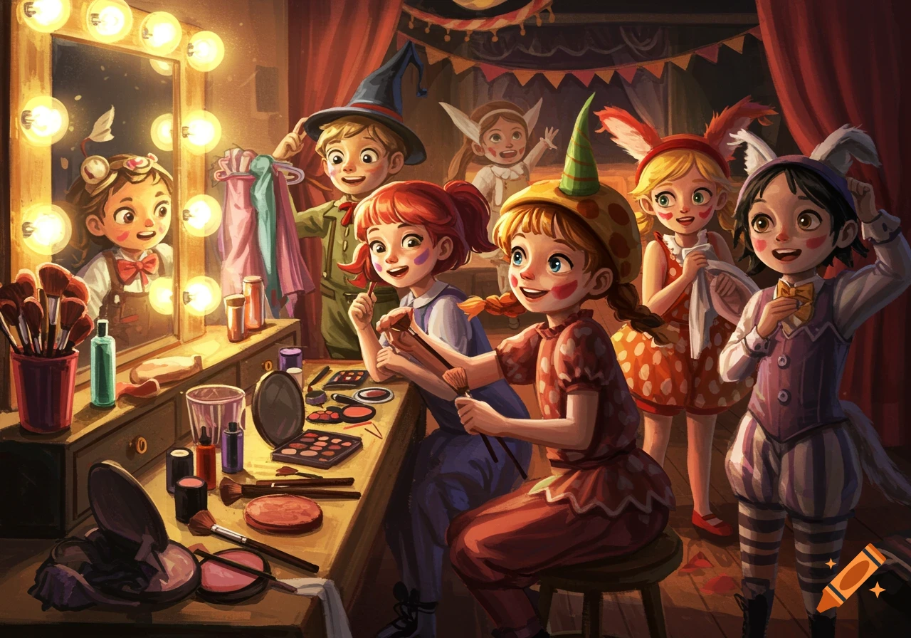 Illustrative depiction of children in costumes and makeup around a dressing table, getting ready for a play.