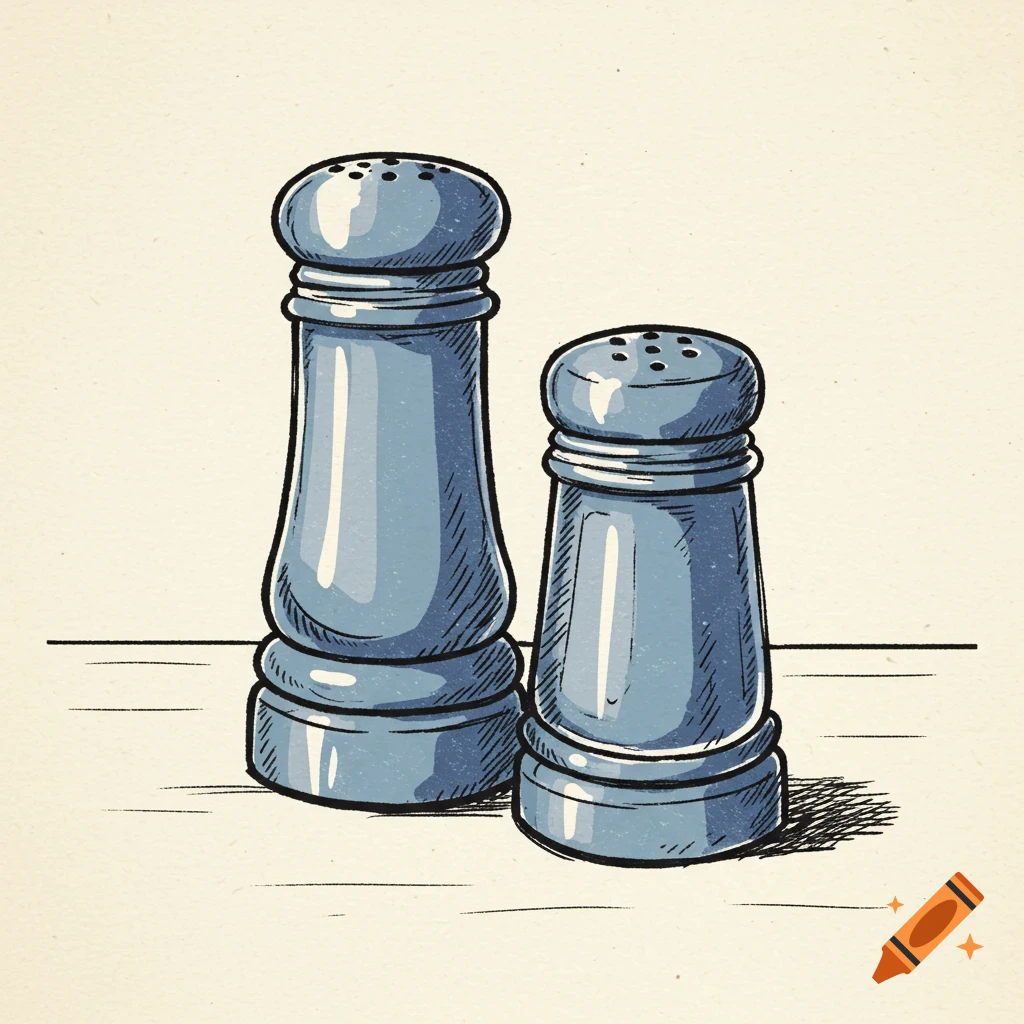 Linoleum print style sketch of blue salt and pepper shakers