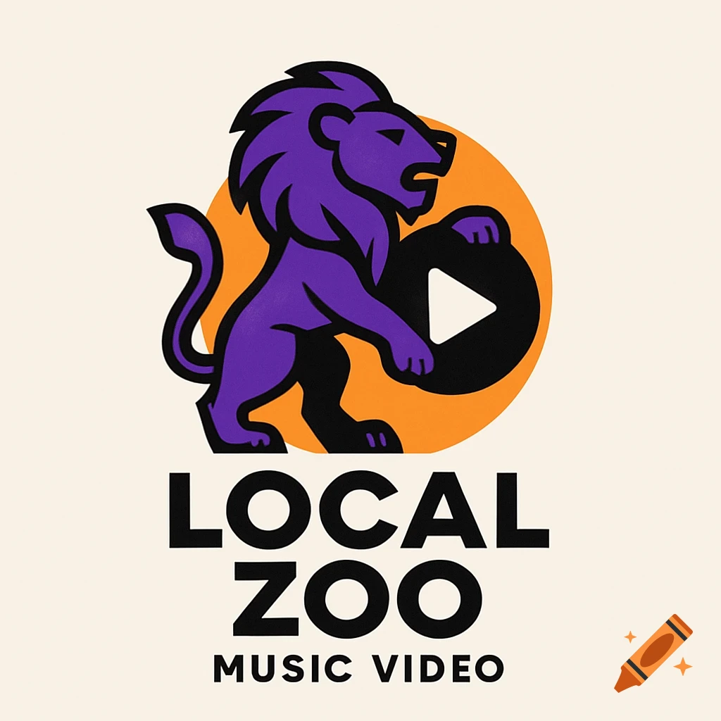 Purple lion logo with text LOCAL ZOO MUSIC VIDEO.