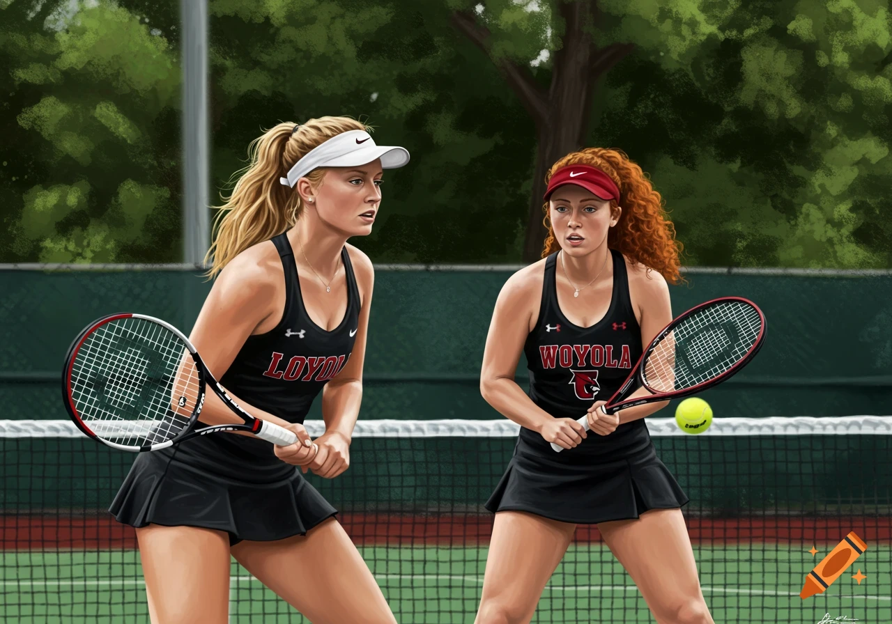 Two female college tennis players, one blonde and one with red curly hair, on an outdoor court. They wear black and red uniforms.