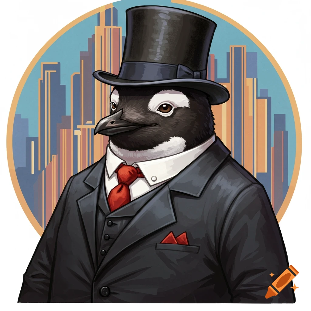 A penguin wearing a suit and top hat stands in front of a city skyline.