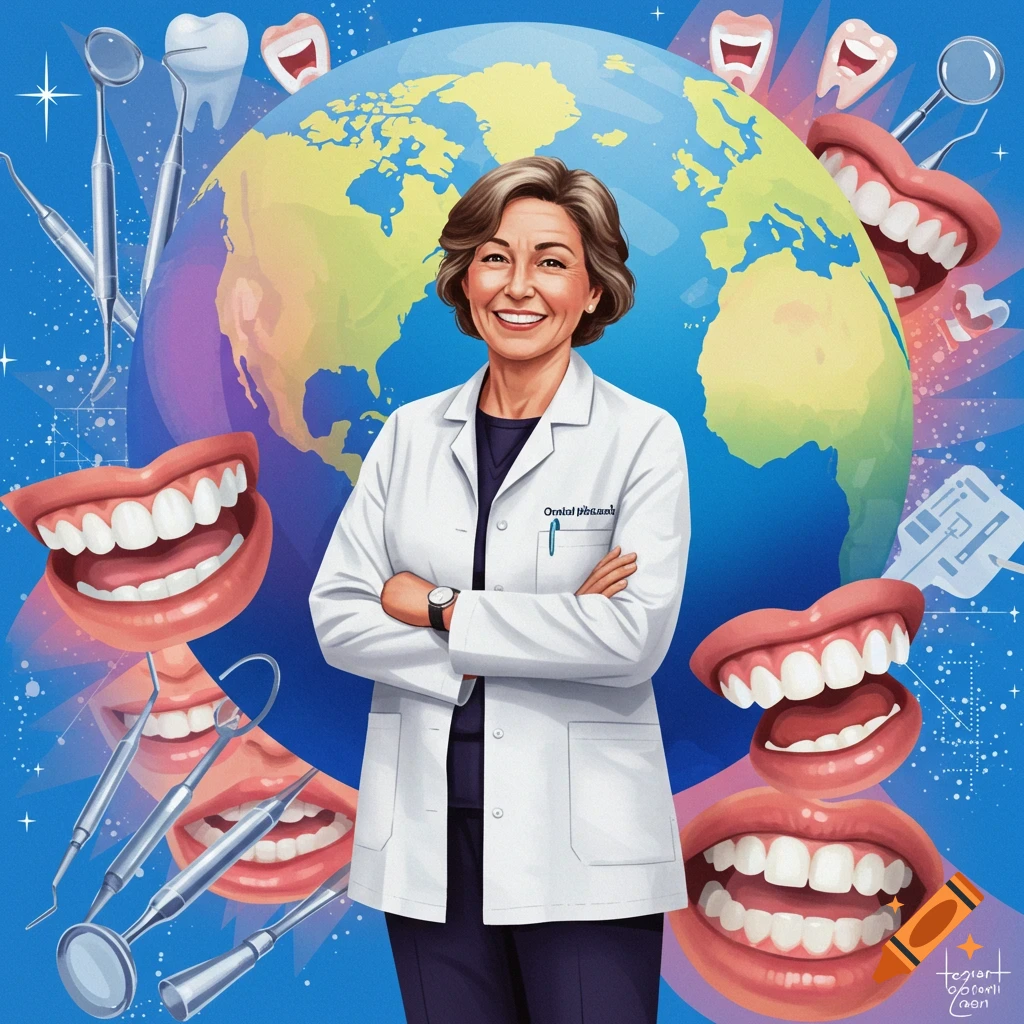 Smiling dentist in lab coat stands before a globe surrounded by teeth and dental tools.